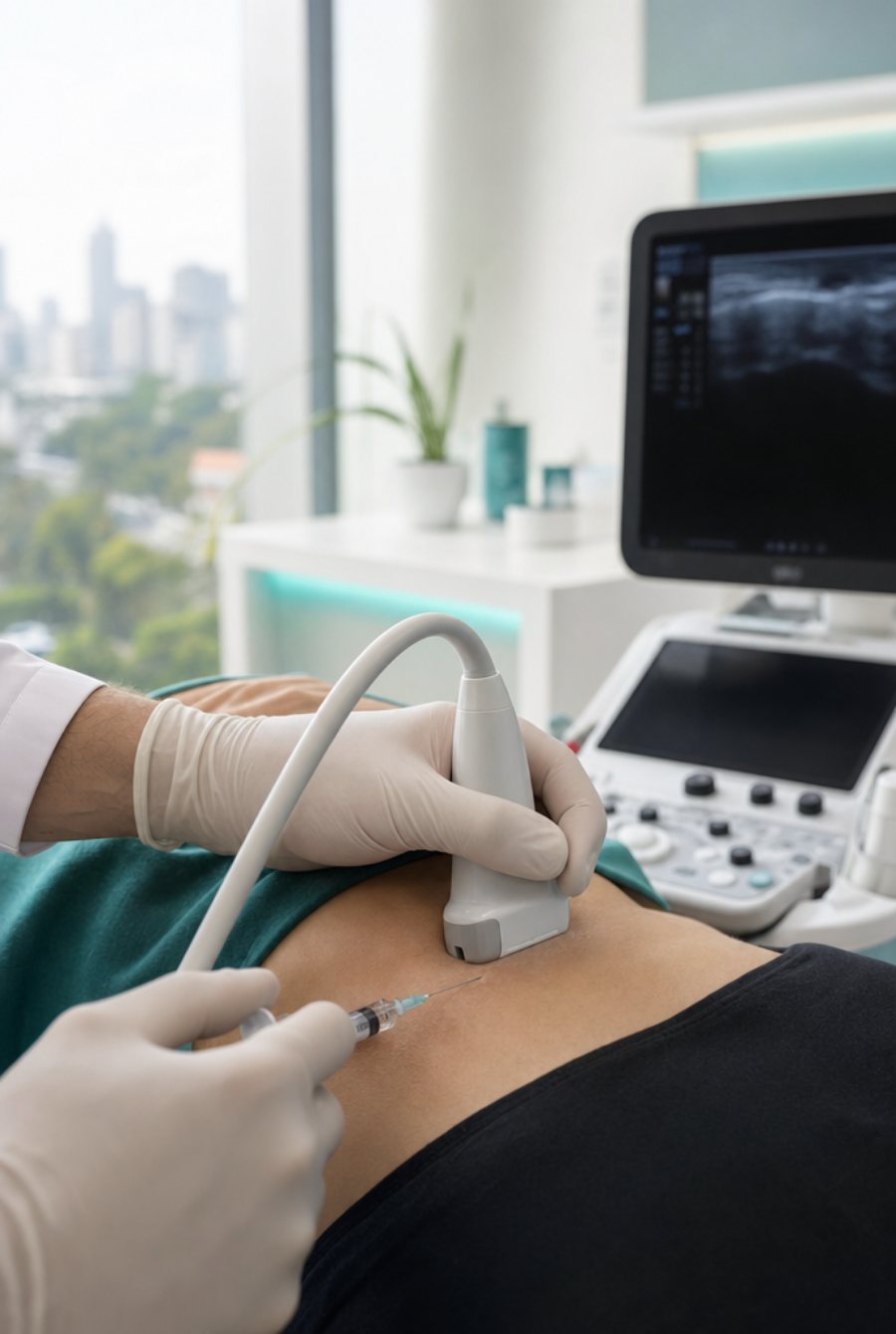 Procedimento guiado por ultrassom em consultório de Medicina da Dor