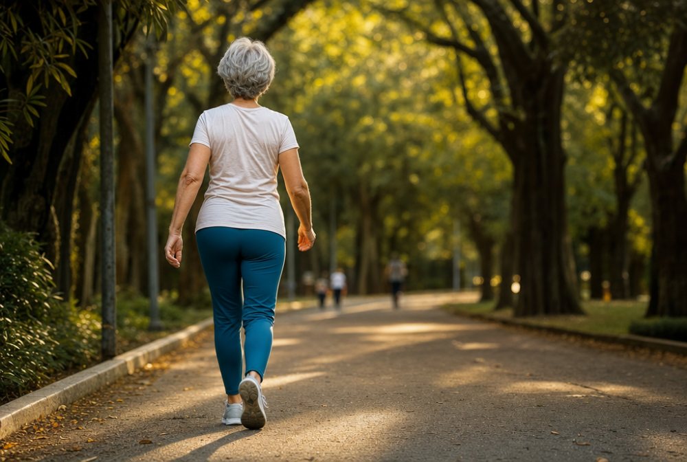 Pessoa caminhando sem dor em um parque
