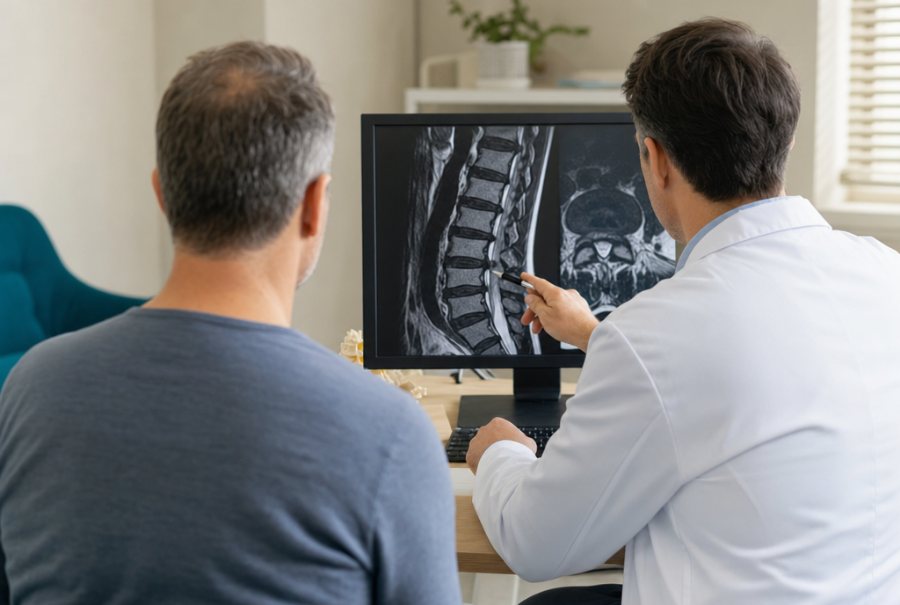 Médico explicando exame de ressonância da coluna ao paciente